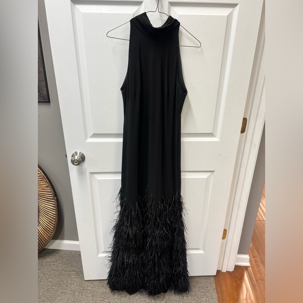 Mac Duggal Black Maxi Dress with Feather Hem
